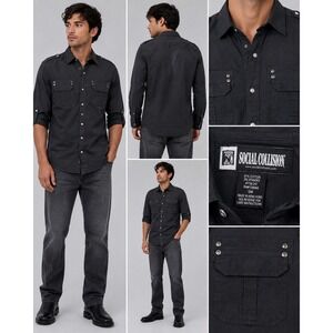 Social Collision Mens Small Black Utility Button Down Shirt Military Goth